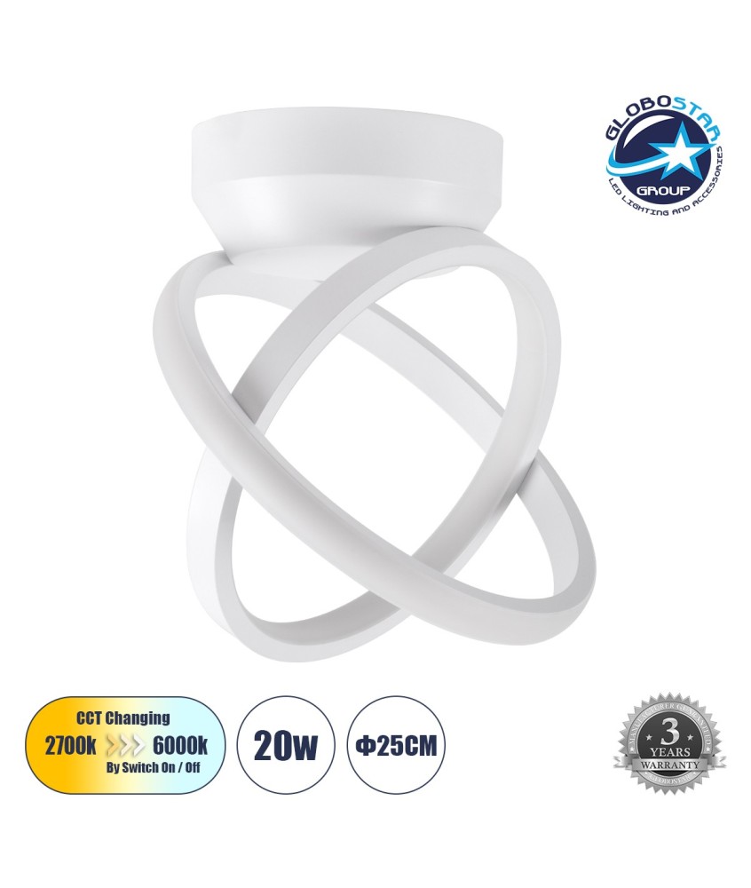 GLOBOSTAR® AMELIA 61053 Μοντέρνο Φωτιστικό Οροφής LED 20W 2400lm 300° AC 220-240V IP20 Ρυθμιζόμενο Λευκό CCT με On-Off 2700K-4500K-6000K - Lumileds SMD Chip - Λευκό Ματ - Μ24.5 x Π16 x Υ25cm - 3 Χρόνια Εγγύηση